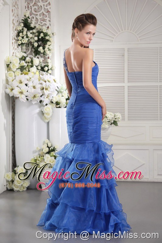 wholesale blue mermaid one shoulder floor-length orangza ruch and ruffles prom / graduation dress