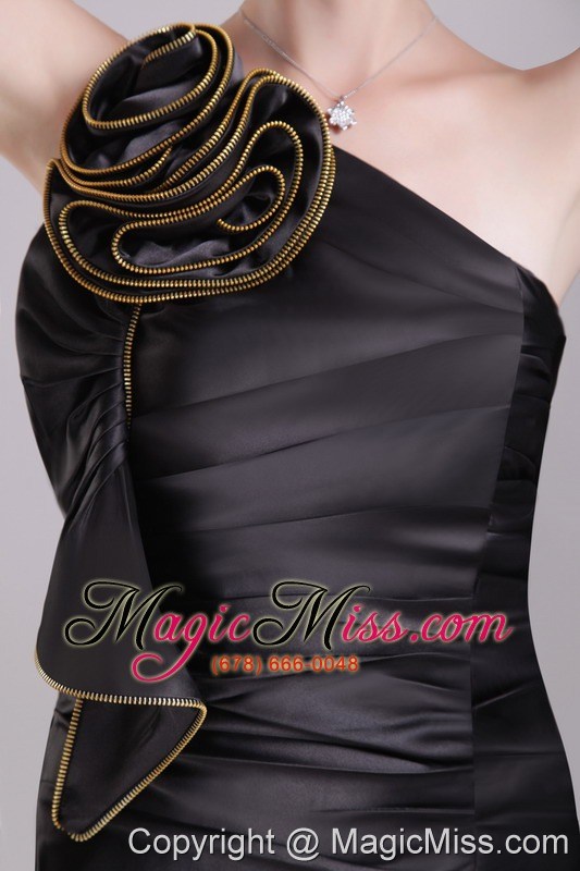 wholesale black column/sheath one-shoulder mini-length satin handle-made flower prom / cocktail dress