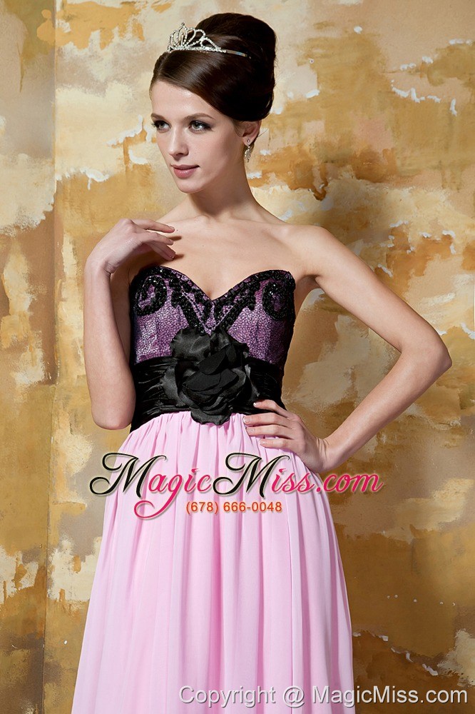 wholesale pink and black column sweetheart brush train chiffon hand made flower prom dress