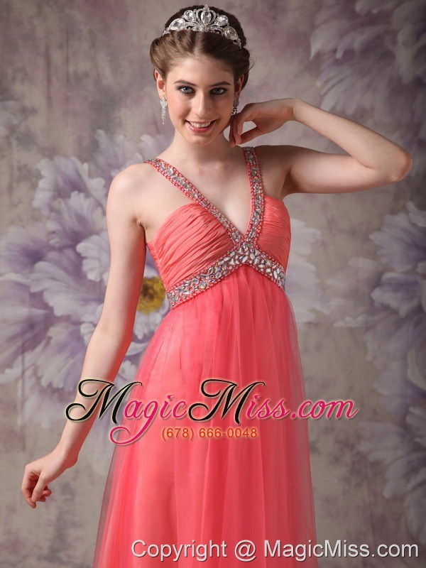 wholesale watemelon empire v-neck floor-length tulle beading prom / evening dress