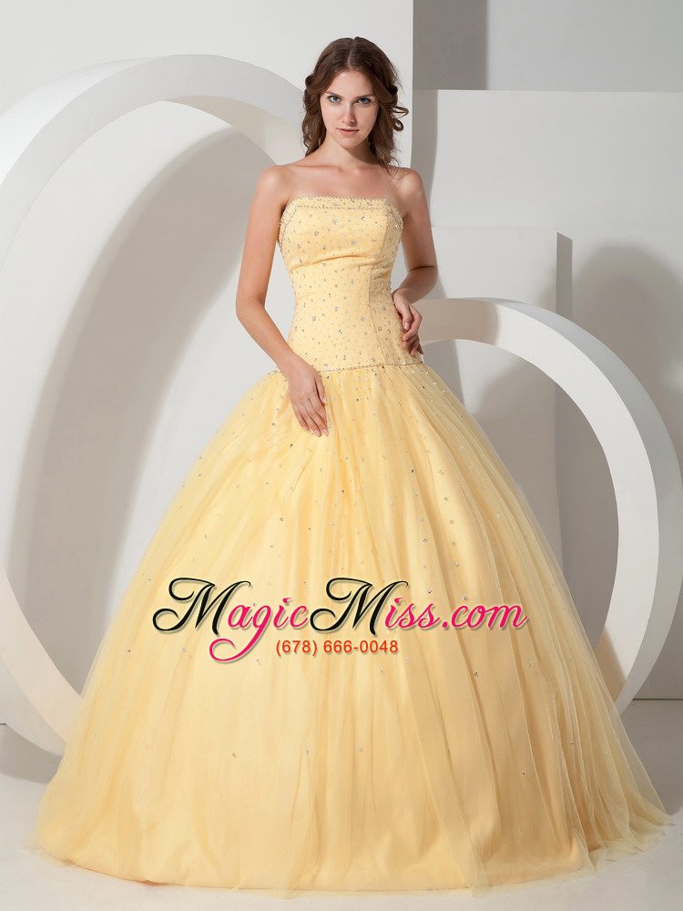 wholesale light yellow ball gown strapless floor-length tulle beading quinceanera dress