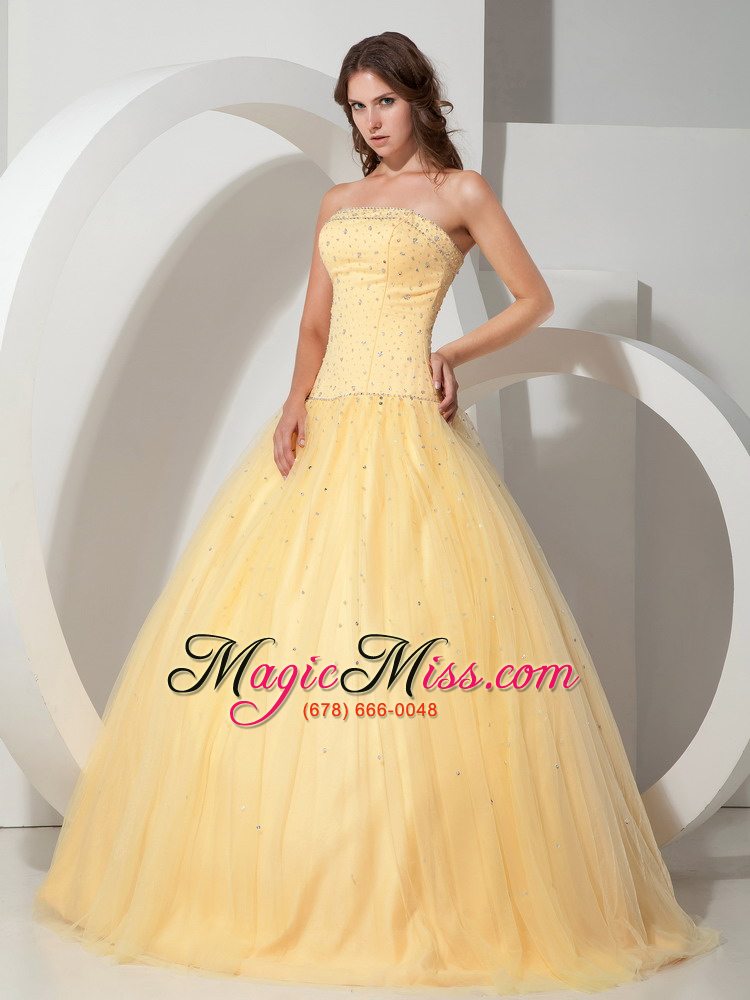 wholesale light yellow ball gown strapless floor-length tulle beading quinceanera dress
