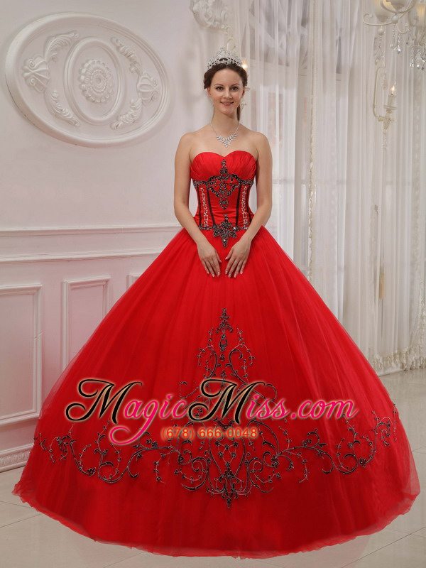wholesale red ball gown sweetheart floor-length tulle appliques quinceanera dress