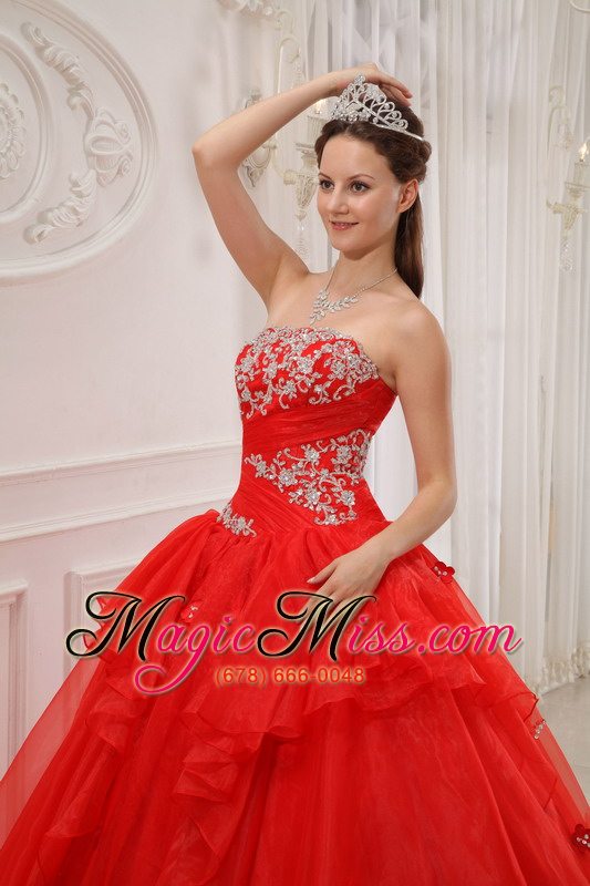 wholesale red ball gown strapless floor-length taffeta and organza appliques quinceanera dress