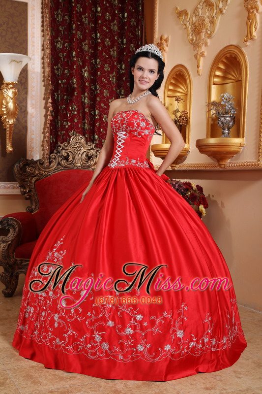 wholesale red ball gown strapless floor-length taffeta embroidery quinceanera dress