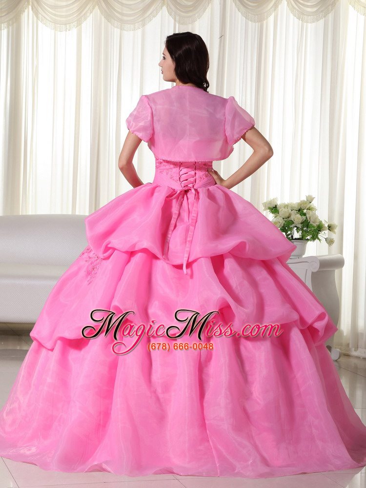 wholesale rose pink ball gown strapless floor-length organza hand flowers quinceanera dress