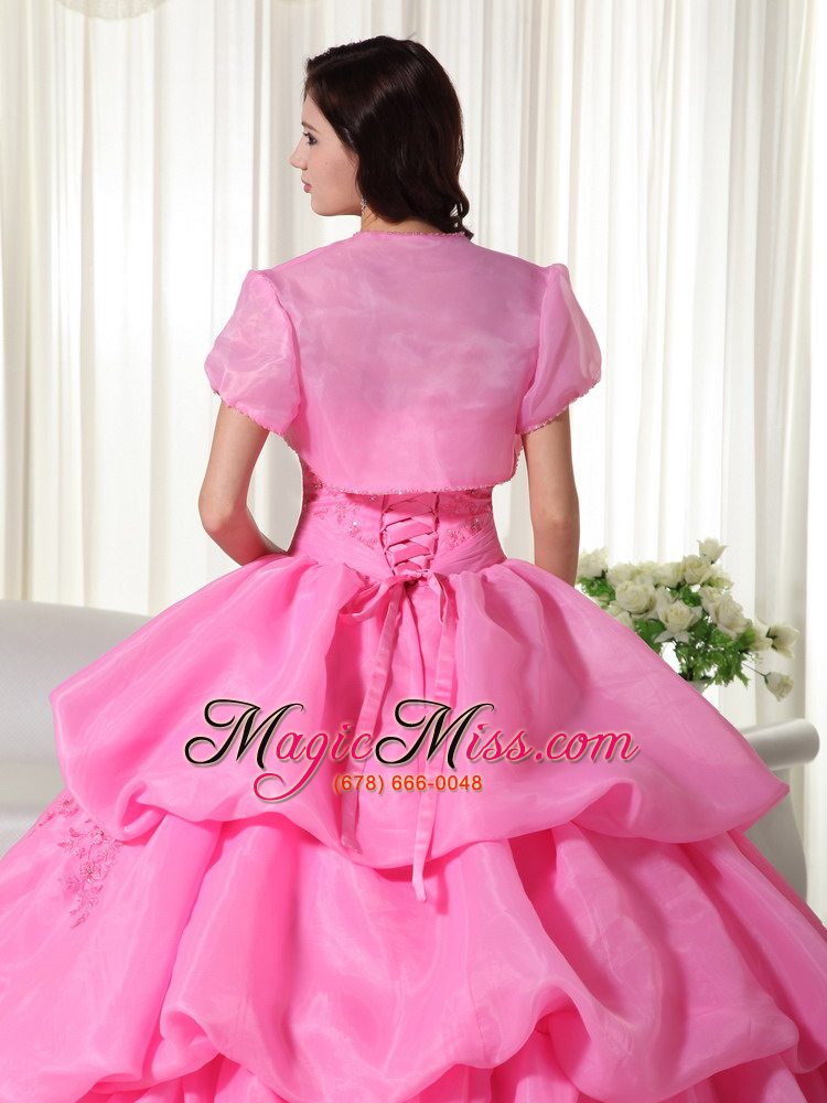 wholesale rose pink ball gown strapless floor-length organza hand flowers quinceanera dress
