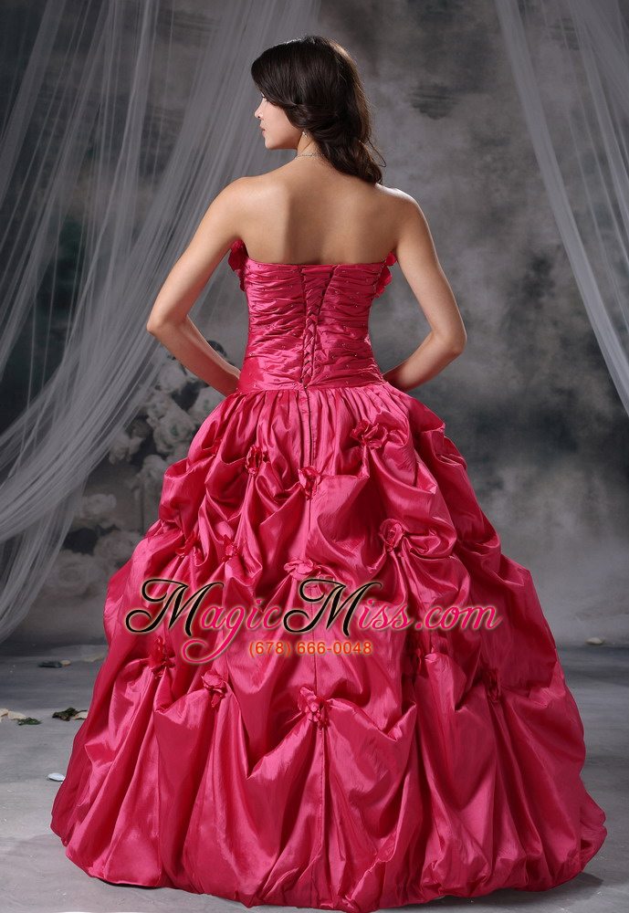 wholesale panora iowa hand made flowers and pick-ups decorate bodice ruch ball gown floor-length coral red strapless quinceanera dress for 2013