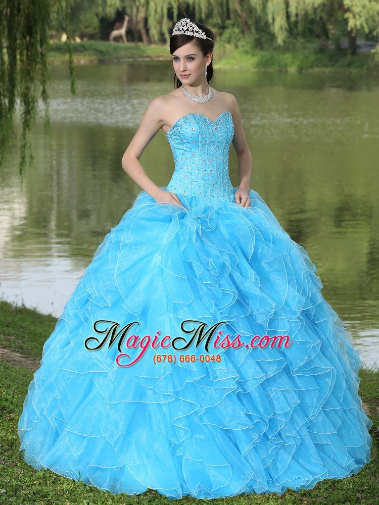 wholesale beaded ruffles layered decorate famous designer quinceanera dress with sweetheart aqua skirt