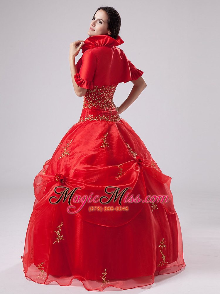 wholesale red 2013 quinceanera dress with embroidery and pick-ups organza for custom made