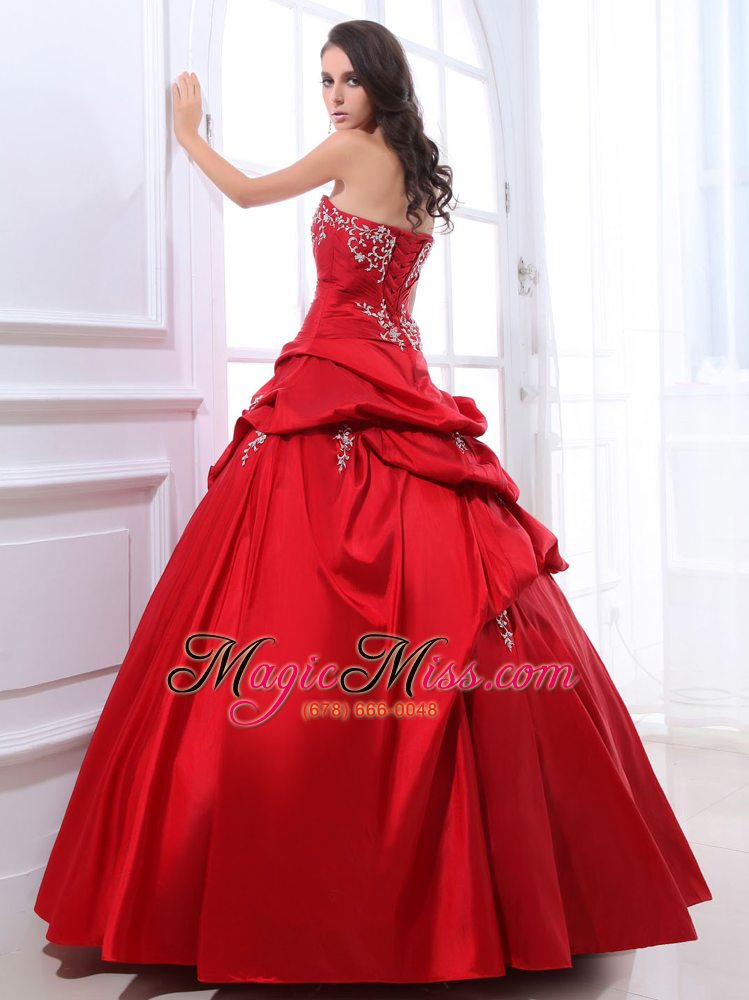 wholesale wine red appliques and pick-ups quinceanera dress with floor-length taffeta in 2013