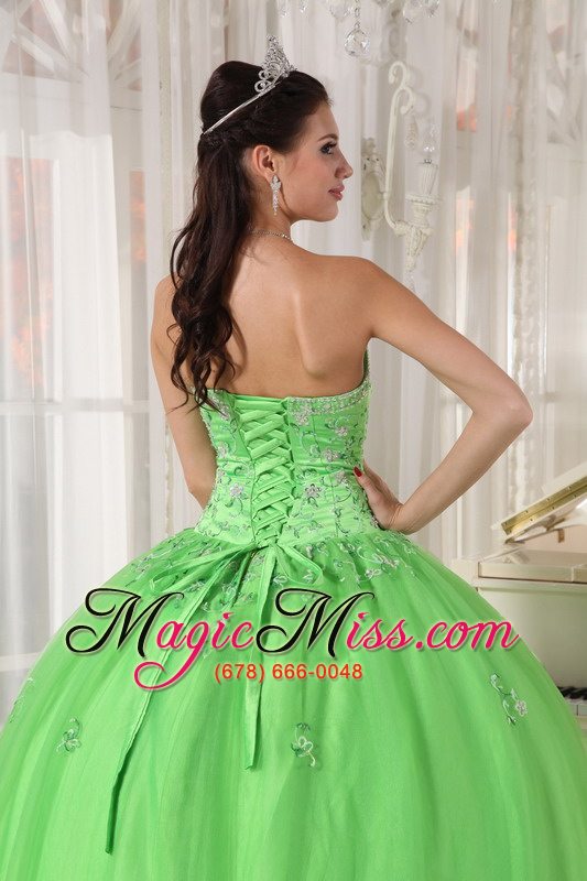 wholesale spring green ball gown strapless floor-length taffeta and tulle appliques quinceanera dress