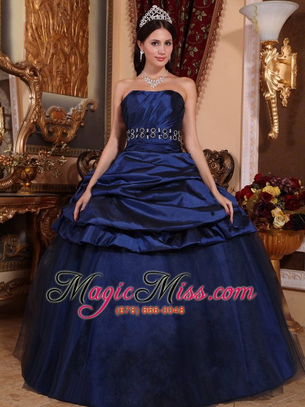 wholesale navy blue ball gown strapless floor-length tulle and taffeta beading quinceanera dress