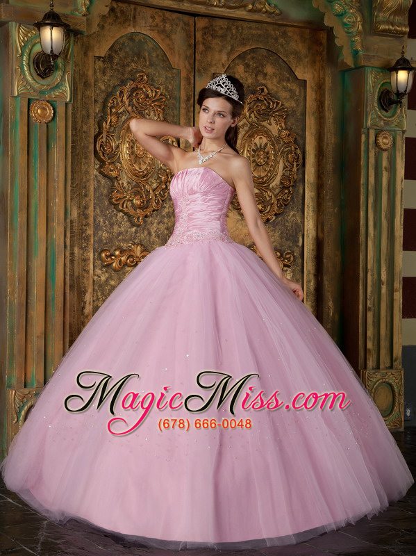 wholesale pink ball gown strapless floor-length appliques tulle quinceanera dress