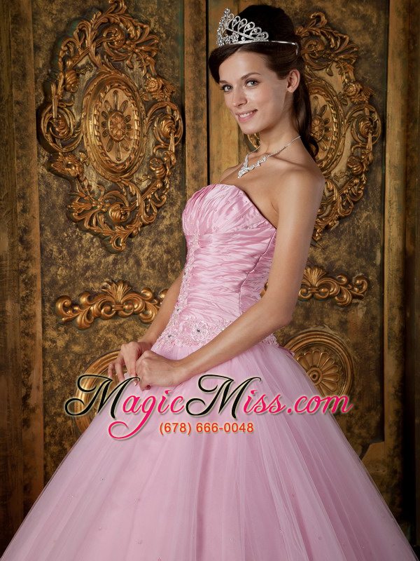 wholesale pink ball gown strapless floor-length appliques tulle quinceanera dress