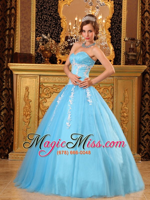 wholesale popular ball gown sweetheart floor-length tulle appliques aqua blue quinceanera dress