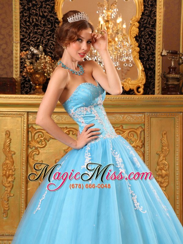 wholesale popular ball gown sweetheart floor-length tulle appliques aqua blue quinceanera dress
