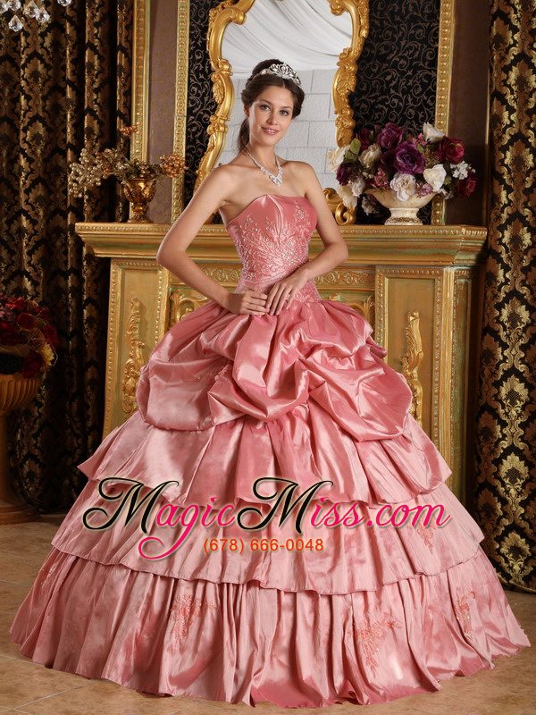 wholesale watermelon red ball gown strapless floor-length taffeta beading quinceanera dress