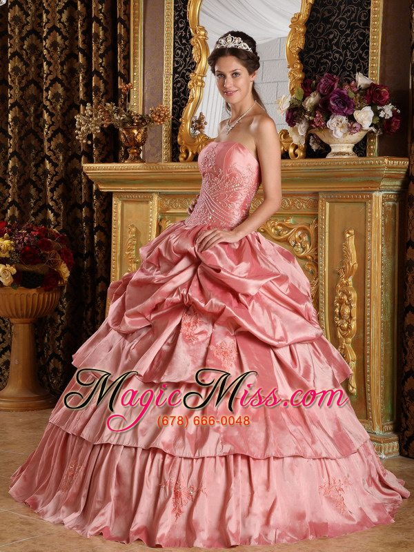 wholesale watermelon red ball gown strapless floor-length taffeta beading quinceanera dress