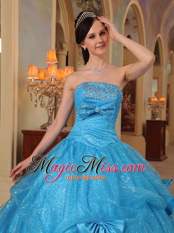 wholesale blue ball gown strapless floor-length bows sequins and organza quinceanera dress