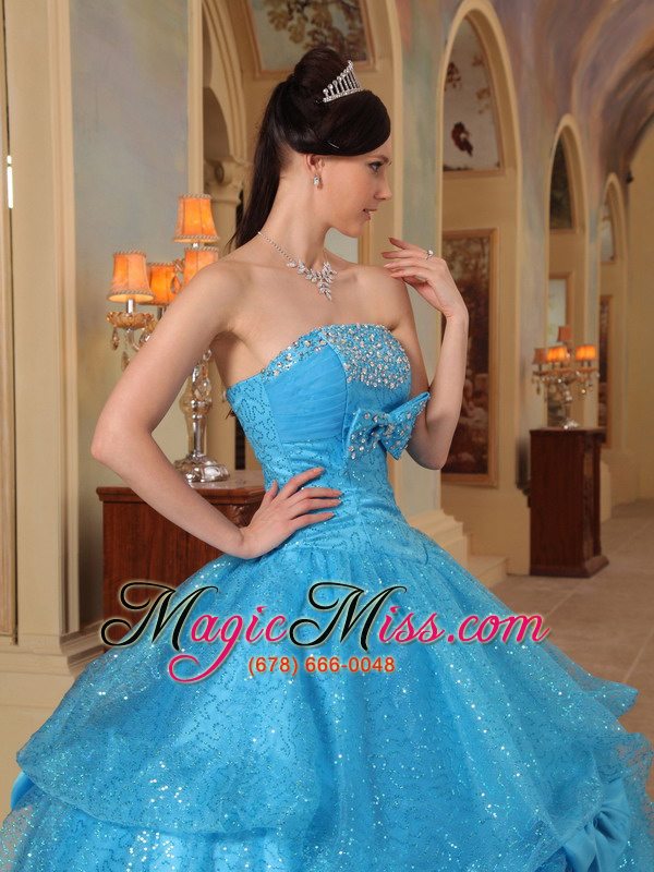 wholesale blue ball gown strapless floor-length bows sequins and organza quinceanera dress