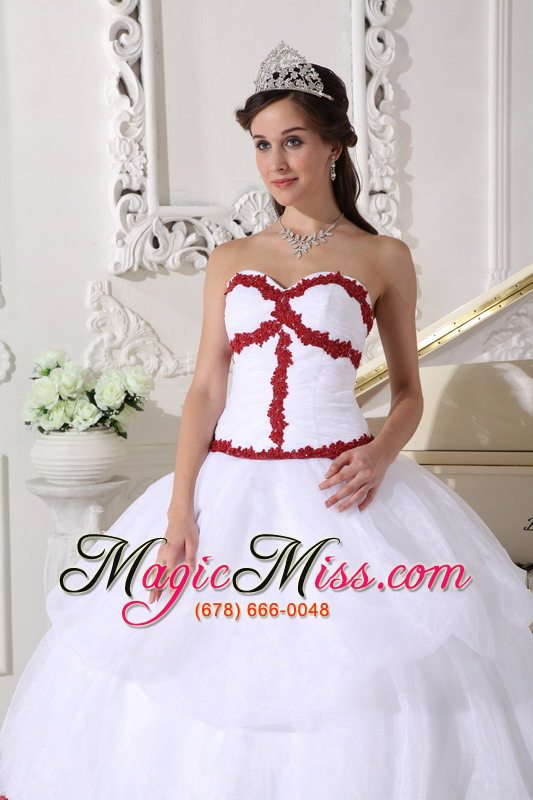 wholesale white and wine red ball gown sweetheart floor-length organza appliques quinceanera dress
