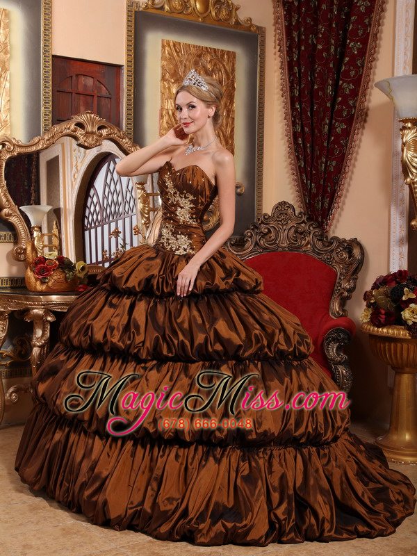 wholesale brown ball gown sweetheart chapel train taffeta appliques and pick-ups quinceanera dress