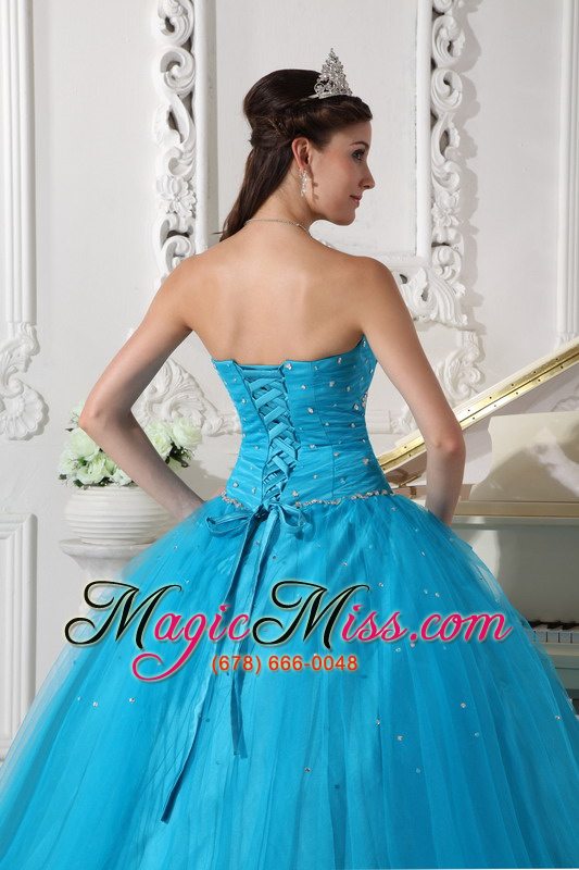 wholesale teal ball gown strapless floor-length tulle beading and ruch quinceanera dress
