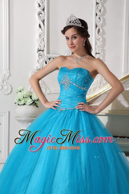 wholesale teal ball gown strapless floor-length tulle beading and ruch quinceanera dress