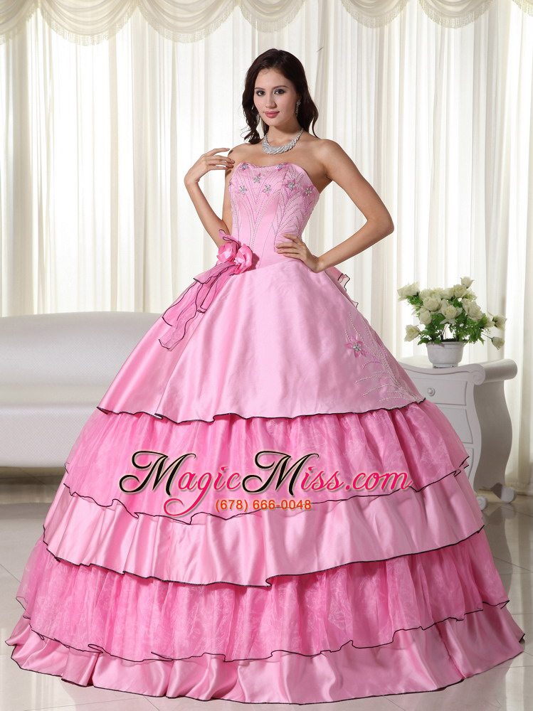 wholesale rose pink ball gown strapless floor-length taffeta beading quinceanera dress