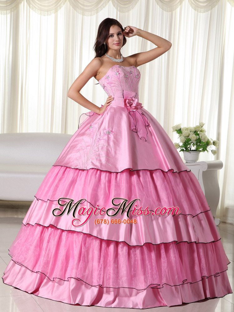 wholesale rose pink ball gown strapless floor-length taffeta beading quinceanera dress