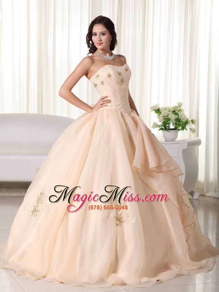 wholesale champagne ball gown strapless floor-length organza embroidery quinceanera dress