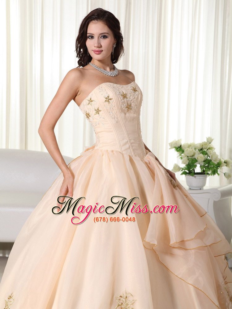 wholesale champagne ball gown strapless floor-length organza embroidery quinceanera dress