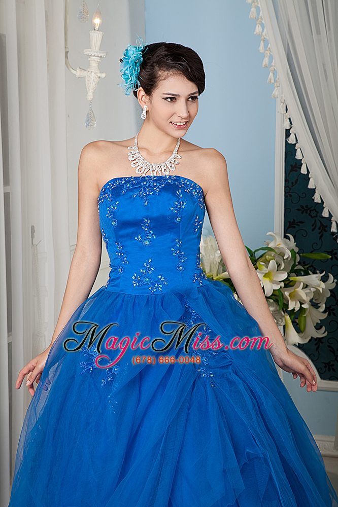wholesale royal blue a-line / princess strapless floor-length tulle beading quinceanera dress