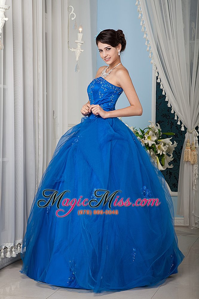 wholesale royal blue a-line / princess strapless floor-length tulle beading quinceanera dress