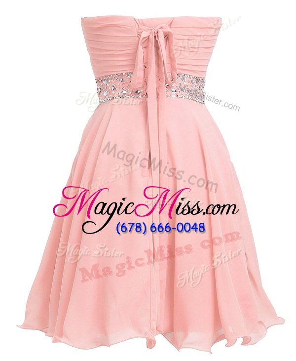 wholesale inexpensive pink organza lace up evening dress sleeveless mini length beading and belt
