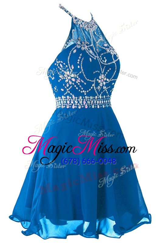 wholesale custom design blue zipper scoop beading and belt dress for prom organza sleeveless