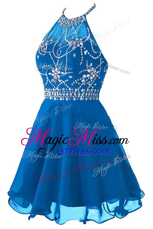 wholesale custom design blue zipper scoop beading and belt dress for prom organza sleeveless