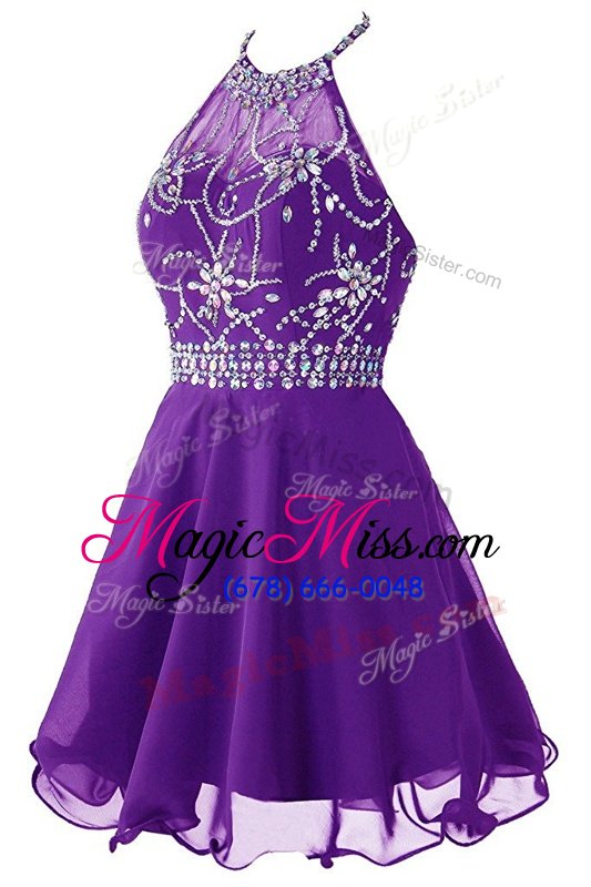 wholesale affordable halter top beading evening dress purple zipper sleeveless mini length