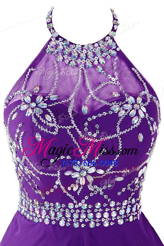 wholesale affordable halter top beading evening dress purple zipper sleeveless mini length