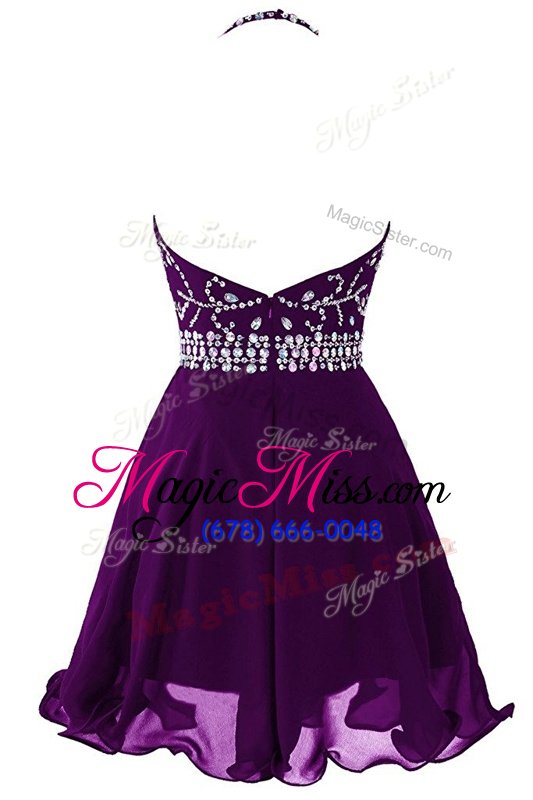 wholesale eggplant purple a-line organza halter top sleeveless beading mini length zipper prom gown