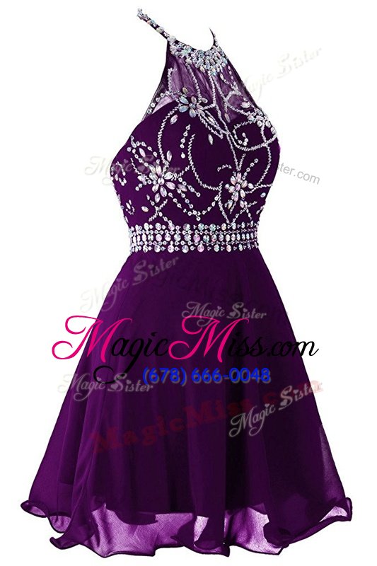 wholesale eggplant purple a-line organza halter top sleeveless beading mini length zipper prom gown