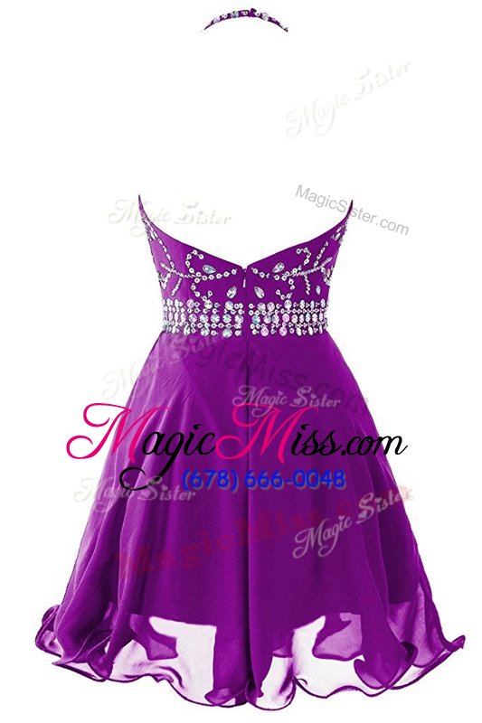 wholesale halter top sleeveless mini length beading zipper party dresses with fuchsia