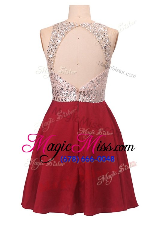 wholesale on sale wine red chiffon zipper scoop sleeveless knee length dress for prom sequins
