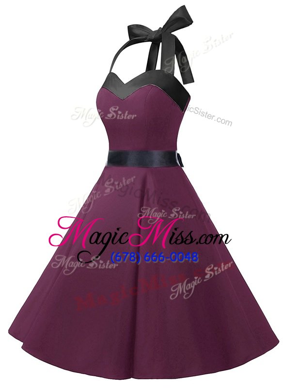 wholesale charming dark purple a-line halter top sleeveless chiffon knee length zipper sashes|ribbons evening dress
