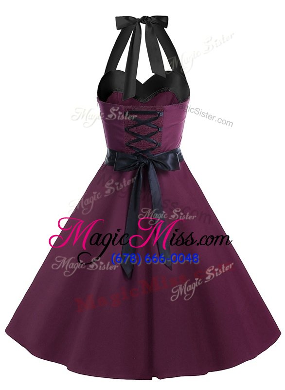 wholesale charming dark purple a-line halter top sleeveless chiffon knee length zipper sashes|ribbons evening dress