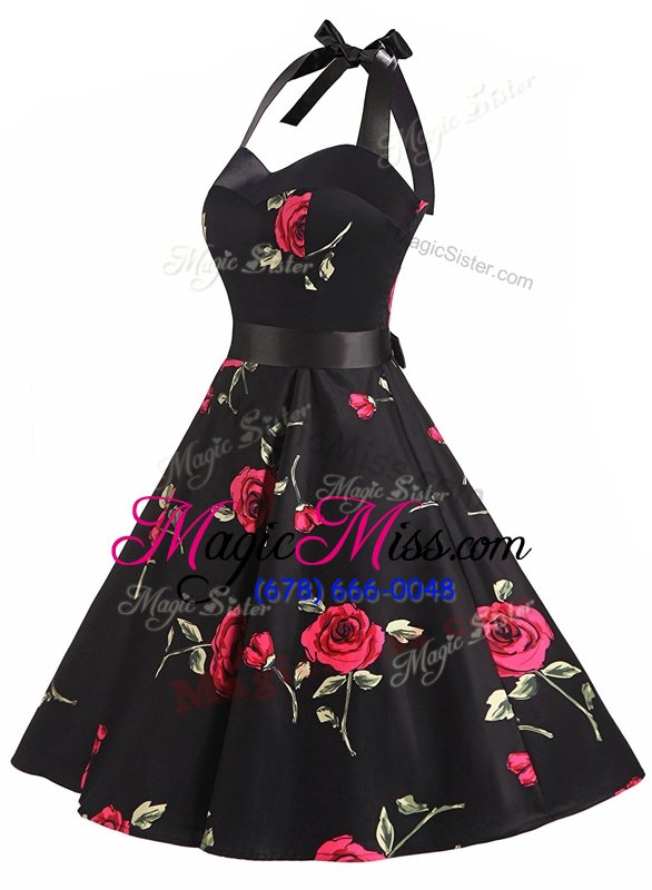 wholesale most popular halter top black sleeveless sashes|ribbons and pattern knee length evening party dresses