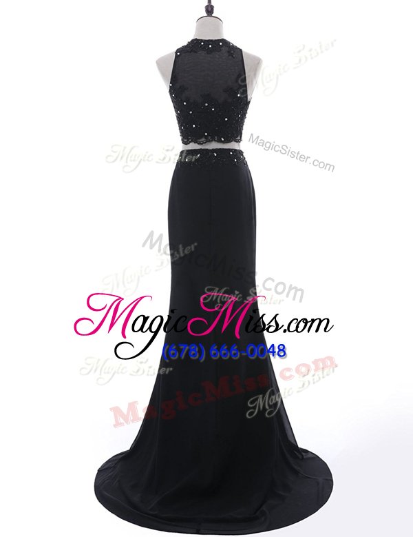wholesale latest black chiffon side zipper scoop sleeveless with train prom evening gown brush train beading and lace