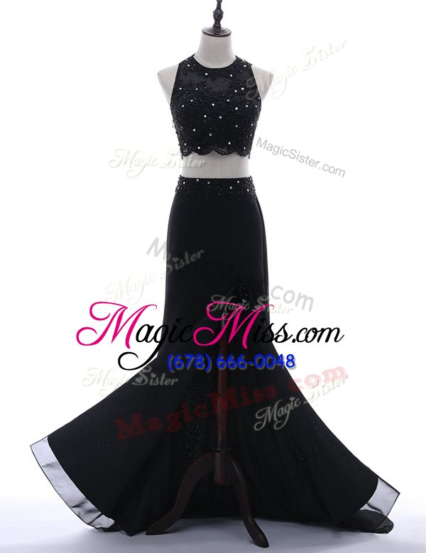 wholesale latest black chiffon side zipper scoop sleeveless with train prom evening gown brush train beading and lace