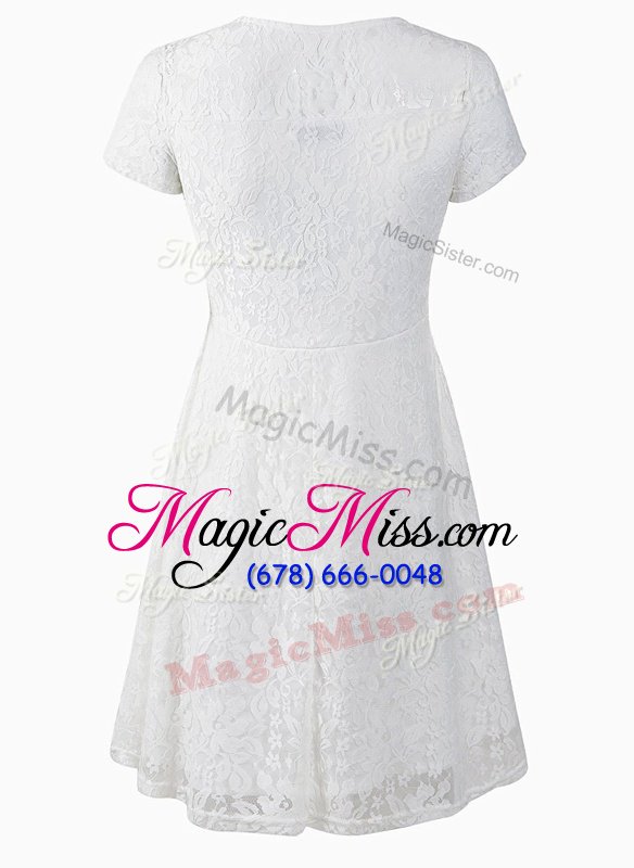 wholesale scoop white organza side zipper prom party dress short sleeves tea length lace